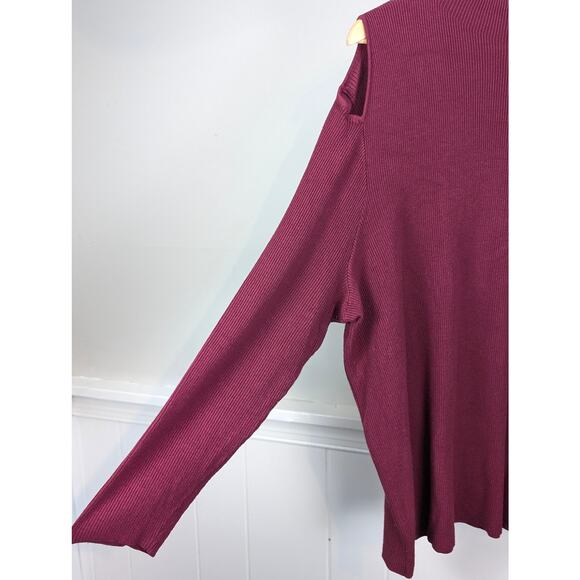 Women’s Burgundy Maroon Knit Mock Turtleneck Cold Shoulder Dark Academia Top - Picture 3 of 6